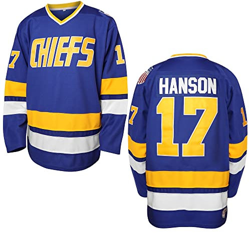 Hanson Brothers Hockeytrikot 16 Charlestown Chiefs 17 Jeff Slap Shot 18 Movie Hockeytrikot Blau Weiß S-3XL (17 Blau, Medium), Blau, Mittel
