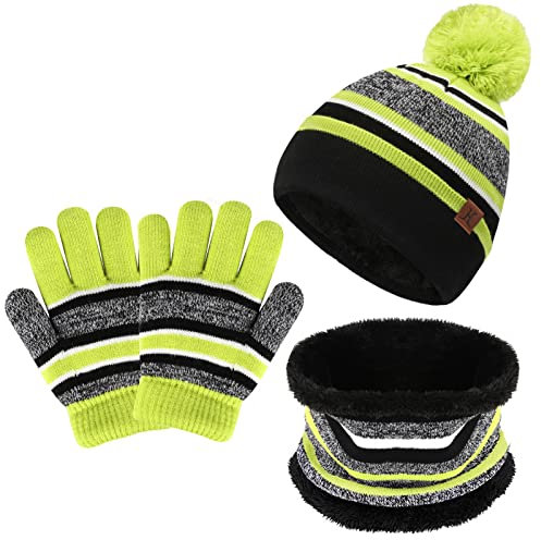 Bequemer Laden Kinder Baby Wintermütze Gestreifte Pompon Beanie Mütze und Schal Handschuhe Strickset für Jungen Mädchen mit Thermal Fleece Futter,Zitronengrün,Einheitsgröße