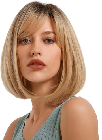 Emmor parrucca corta bionda per donna, parrucche piene diritte sintetiche con capelli naturali con frangia ordinata per l'uso quotidiano