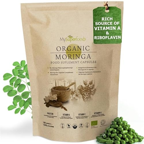 Moringa Capsules | Organic | 1500mg per Serving | 180 Capsules | Rich Source of Vitamin A & Riboflavin | MySuperfoods
