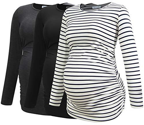 Smallshow Women's Maternity Tops Long Sleeve Pregnancy Clothes T Shirts 3-Packs,Black-Deep Grey-White Stripe,L