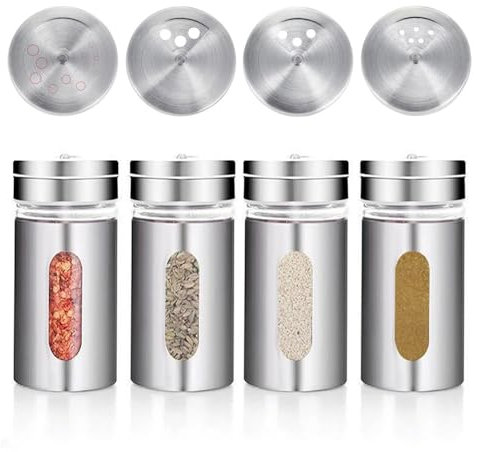 4 Pezzi Barattoli Spezie, Contenitori spezie, Barattoli per spezie in vetro con guscio protettivo in acciaio inox, Barattoli spezie per cucina, 3 diverse dimensioni dei fori