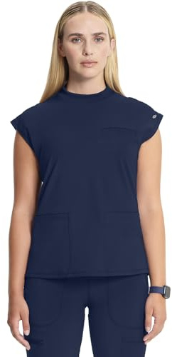 Cherokee Infinity Womens Mock Neck Scrub Top, 4 Pockets, Dolman Sleeves, Rib-Knit Back Panel Stylish Medical Top - CK742A, M, Navy