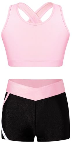 Freebily Flicka Konstnärlig Träningsoverall Tank Crop Top Ärmlös Väst + Shorts Shorts Byxor Modern Dans Träning Gym Tennis Yoga, Rosa & Svart, 11-12 anni