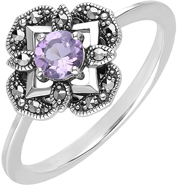 Esse Marcasite - Anello floreale in argento sterling con ametista e marcasite, stile Art Nouveau, Gemma, Ametista