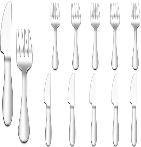 Joyfair Set di 12 posate da bistecca in acciaio inox per 6 persone, lucidate a specchio, per casa/ristorante, 6 coltelli da tavola (23 cm) + 6 forchette da tavola (20 cm), lavabili in lavastoviglie
