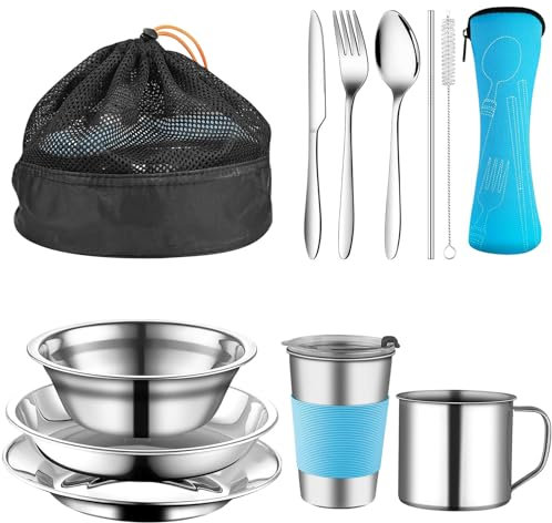 Juego de cubiertos de camping, 10 piezas de acero inoxidable para camping, 1-2 personas, cubiertos de viaje al aire libre con plato, cuenco, vaso, tenedor, cuchara y bolsa para cubiertos, para