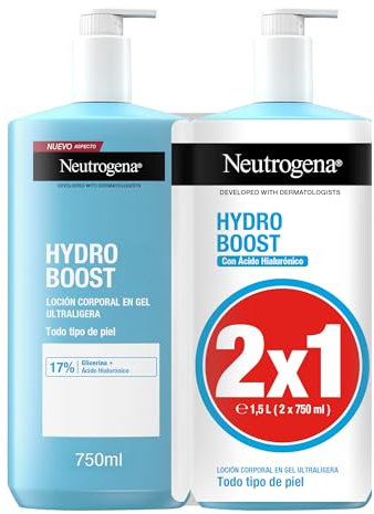 Neutrogena Hydro Boost Loción en Gel Ultraligera (Pack de 2 x 750 ml), crema hidratante corporal refrescante con Glicerina y Ácido Hialurónico para todo tipo de piel