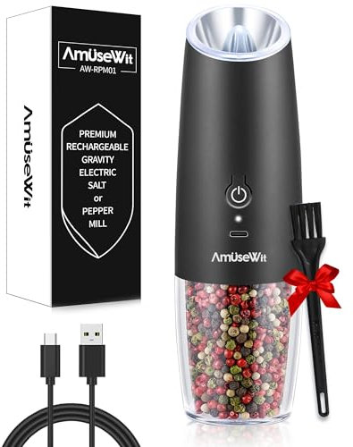 AmuseWit Gravity Electric Pepper Mill or Salt Grinder Mill [White Light] USB Rechargeable Automatic Pepper Grinder, Adjustable Coarseness, One-Handed Operation, Matte Black