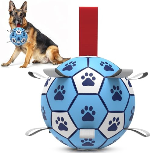 HETOO Dog Football with Straps,Interactive Dog Toys for Tug of War, Puppy Birthday Gifts, Dog Water Toy, Durable Dog Balls for Large Breeds Play Outdoor Indoor-Light Blue (8 Inch)