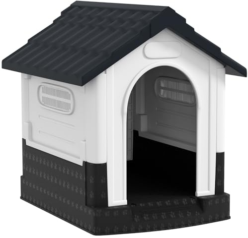 PawHut Dog Kennel for Outside, Plastic Dog House, Water-Resistant Pet Shelter with Windows, for Garden Patio, Miniature Dogs, 64.5 x 57 x 66cm - Grey
