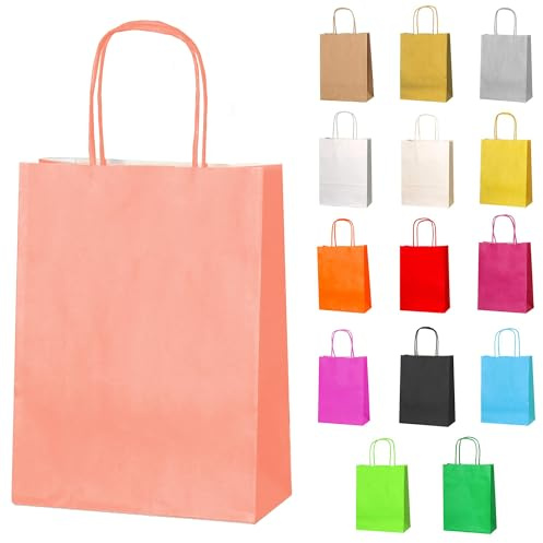 Thepaperbagstore 20 bolsas papel pequeñas coral 18x22x8cm | Kraft reciclable de color para dulces, detalles, regalos, bodas, cumpleaños, fiestas y eventos