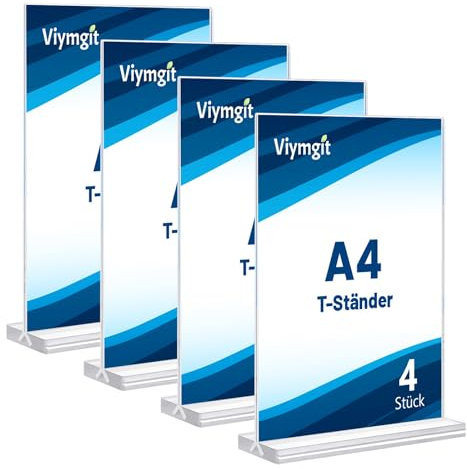 Viymgit 4 Stück Aufsteller DIN A4, glasklarer T-Ständer Hochformat Acryl A4 Werbeaufsteller, Tischaufsteller für Werbung, Speisekarte, Hinweisschild