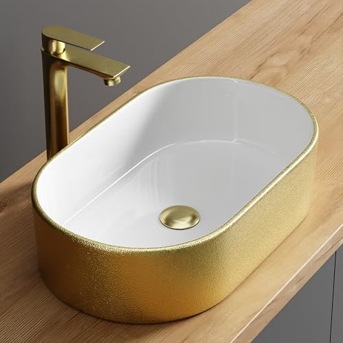 Planetmöbel Aquil Elegant Lavabo ovale, à poser, pour salle de bain et WC d'invités, sans trou de robinetterie et trop-plein, doré, blanc, 55 x 34 x 14 cm