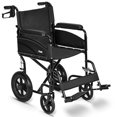 Lightweight Folding Wheelchair - Travel Friendly Foldable Transit Wheel Chair - Adjustable Footrests, Lock Lever Brakes - Black, Standard 18 Seat