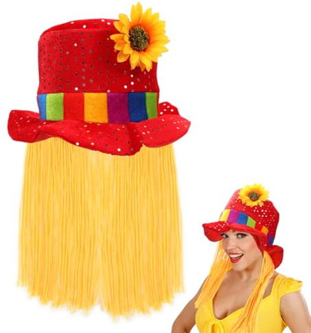 Epokus Hut Clara, Sonnenblume Hut mit Glitzer-Pailletten, Clownhut mir Haaren, Rot Stoffhut Zirkus Clow, Blumenhut Komiker Spaßvogel, Partyhut Kopfschmuck für Halloween Karneval Fasching Mottoparty