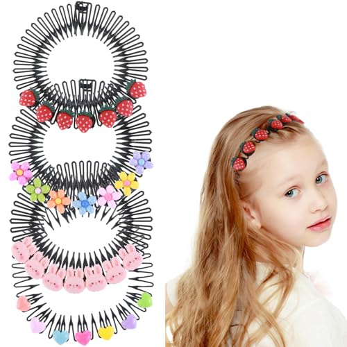 MBAIYO 4 diademas para el pelo para niñas, dibujos animados de flores, con peine dental, antideslizante de plástico duro, zigzag elástico, peine elástico para niñas, mujeres, niños
