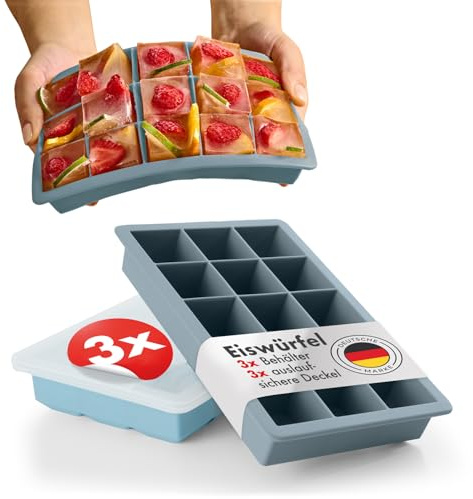 Blumtal Set di 3 stampi per cubetti di ghiaccio in Silicone - Stampo per 15 cubetti di ghiaccio con coperchio - Stampo per cubetti di ghiaccio in silicone senza BPA - 2x grigio blu + blu chiaro