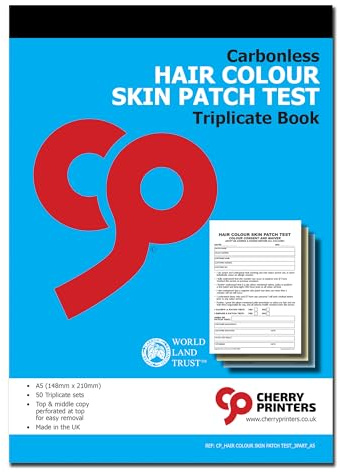 Cherry Printers Carbonless Hair Colour Skin Patch Test Triplicate Book A5 | 50 Salon Patch Test Consent Forms | Colour Service Allergy Test Records | Perforated Top Copies | Made in UK