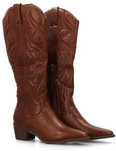 shoes&blues.es Bota Cowboy para Mujer de Cana Alta con Bordados y Punta Fina. Tacon Ancho.Ideales para Otono Invierno.