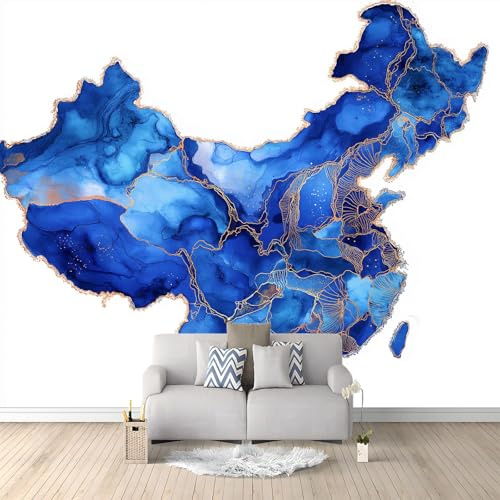 Panoramic Custom Photo Wallpaper Wall Mural Minimalism Marble China Map, Blue Photo Wall Mural 98 x 69 inch (W x H) for Bedroom Living Room and Office Decoration