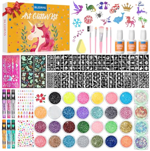 Bledras Kit Tatouage Paillettes Enfant Filles, 31 Couleurs de Paillettes Tatouage Ephemere, 6 Stylos à Paillettes, 178 Pochoirs, Tatouage Enfant pour Carnaval, Noël, Maquillage de fête Masquée