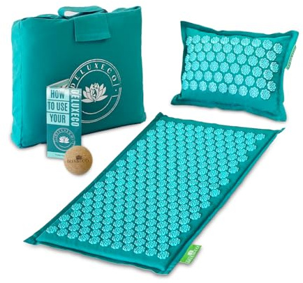 Acupressure Mat and Pillow Set for Back & Neck Pain Relief – 100% Cotton Cover, Coconut Fibre Mat & Buckwheat Pillow Filling – Portable Acupuncture Massage Kit with Carry Bag - Natural Relaxation