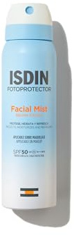 ISDIN Facial Mist SPF 50 (100 ml) | Niebla solar ultradelgada e invisible para la cara | protege, hidrata y fija el maquillaje | Efecto piel radiante | repelente al agua