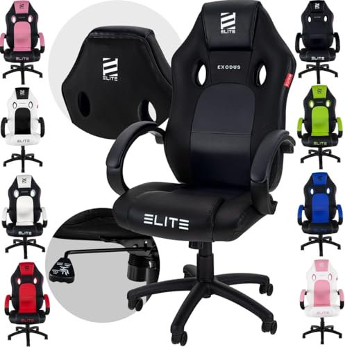 ELITE Gaming Stuhl Exodus | Ergonomischer Bürostuhl - Schreibtischstuhl - Chefsessel - Sessel - Racing Gaming Stuhl - Gamingstuhl - Drehstuhl - Chair - Kunstleder Sportsitz (Schwarz)