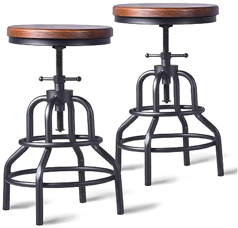 LOKKHAN Vintage Industrial Bar Stool-Rustic Swivel Barstools-Round Wood Metal Base-Kitchen Counter Height Adjustable Pipe Stool-Cast Steel Chairs 20-27 Inch (Set of 2)