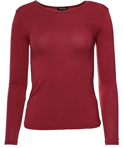 Easy Young Fashion - Damen Basic Rundhals Shirt - Langarm Unterziehshirt - Skinny Fit 1093 - Dunkelrot M