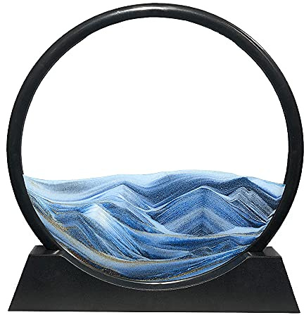 Aoderun Dekorativt timglas, 3D-timglas, dynamisk sandmålning, flytande, rund ram, sand, rörlig dekoration för kontor, vardagsrum, hem (blå, 28 cm)