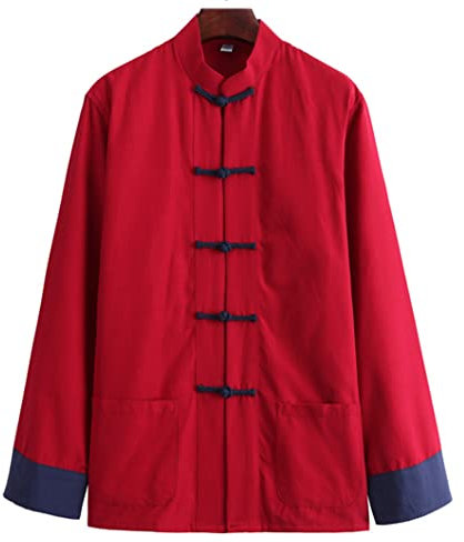 QPZK Baumwollleinen Tai Chi Uniform Tang Anzug Herren Hanfu Chinesische Traditionelle Kleidung Kampfsport Kleidung Kung Fu Uniform Atmungsaktiv Langarm Mantel Tops Hemdjacke Rot-XXL