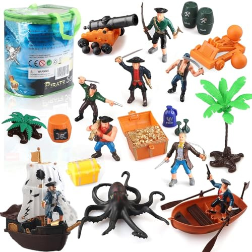 Juego de figuras de acción pirata para niños con cubo, juguetes piratas con cañones de cofre del tesoro, barco de pulpo y otros accesorios, regalo educativo de pirata para niños y niñas de 3-8 años