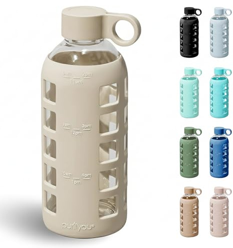 purifyou Premium Glass Water Bottles 16/32/22/12 oz with Volume and Drinking Time, Silicone Sleeve and Lid Insert Stainless Steel Reusable Bottle for Refrigerator, Water, Milk, Juice (Pear Ivory)