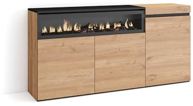 Skraut Home | Aparadores para salón | Gran Capacidad de almacenaje | 150x75x35cm | 3 Puertas | Chimenea eléctrica | Estilo Moderno | Roble y Negro