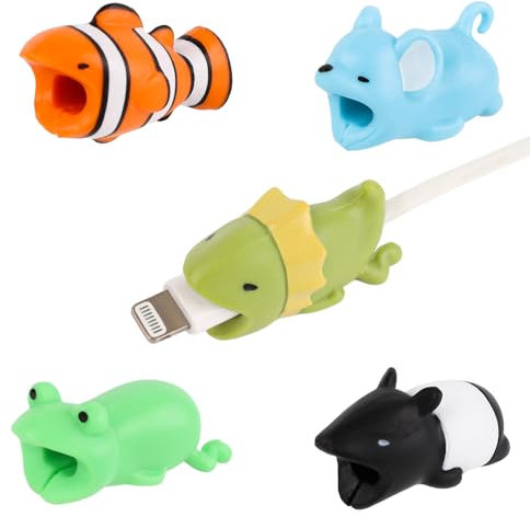 NQEUEPN 5 Piezas de Protector de Cable Animales, Lindo Pez Payaso Tapir Malayo Lagarto Ratón Rana Cargador Protectores de Cable para la Mayoría de los Cargadores de Teléfonos Móviles y iPad