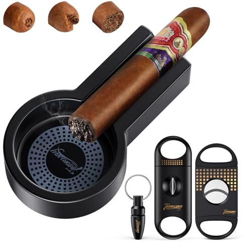Tesonway Cigar Ashtray and Cutter Set, Cigar Cutter Guillotine, V Cut/Punch, Portable Ashtrays for Outdoors Home and Office, Cigar Accessories for Men