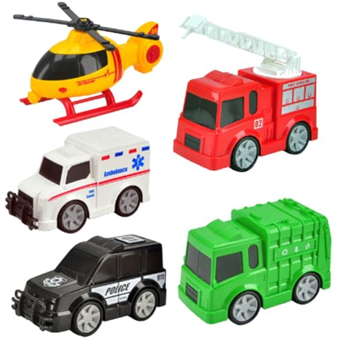 VROLUVTQ Set di 5 Giocattoli auto Della Polizia, Ambulanza, Camion della Spazzatura, Camion dei Pompieri, Elicottero, Macchinina per Bambini, Veicolo da Città