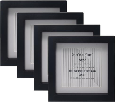 Black 5X5 Inch Square wooden Photo Frame Set of 4 Mount for 4X4, Boxed Gallery 5X5 Picture Frame 4 Pack, 4X4 Square frames With Glass Window For Wallmounted & Desk Top