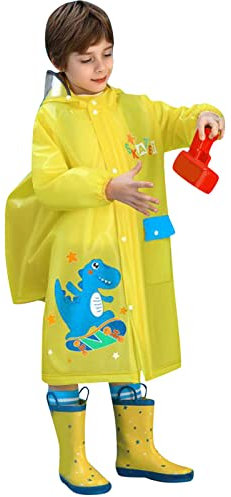 FGUUTYM Regenmantel für Kinder, Junge, Cartoon-Dinosaurier-Muster, Eva-Poncho mit Hut, Tasche, Ort, Modeknopf Fahrradponcho Kinder (Yellow, 4-5 Years)