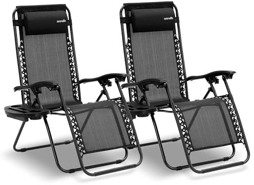 SereneLife Lot Set de 2 Chaises Pliantes - Chaise Longue Réglable pour Extérieur avec Table Latérale, Porte-Gobelets, Oreillers Amovibles - Patio, Jardin, Plage - Noir délavé
