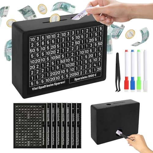 Wooden Money Saving Box with Erasable Pen Cash Wooden Saving Box, 500/1000/2000/3000/5000/10000 Portable Storage Case Savings Challenge Box Piggy Bank