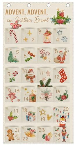 Adventskalender 2024 som väggkalender av tyg, adventskalender för fyllning med 24 fickor, adventskalender väggmatta, hängande för vägg, dörr, dekoration, jul, kalender tygpåse, julkalender