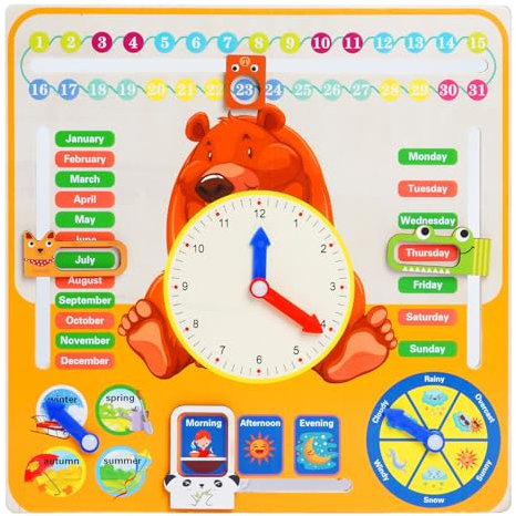 CVARRISE Kids Calendar Clock, Lernuhr Kinder Uhr Lernen Holzspielzeug Kalender für Kinder ab 3 Jahre, Jahresuhr mit Kalender, Wochentagen, Monaten, Jahreszeiten & Wetter, Montessori Holz Lerntafel