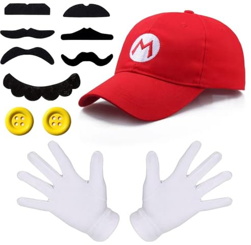 Ceeyoll Deguisement Mario,Casquette Mario,Halloween Costume Accessoires de Cosplay Carnaval,Costume Mario enfant Comprend un Chapeau Mario Rouge, Sept Moustaches, Deux Boutons Et Une Paire de Gants.