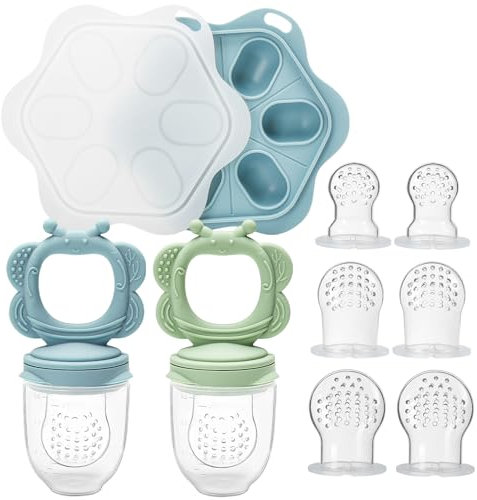 CLDY Silikon Fruchtsauger Baby, Baby Obst Nahrung Futterautomat & Mini-Gefrierschrank Knabbern Tablett-Kombination, muttermilch-Zahnen-Eis am Stiel, BPA-frei, 6 Silikon Sauger in 3 Größen ab 3 Monate+