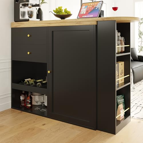 Mesa de bar giratoria 360° (cuerpo principal 105 x 39 x 102 cm), con 2 cajones y armario de puerta corredera, 3 niveles de espacio de almacenamiento abierto, adecuada para comedor/estudio/salón, etc