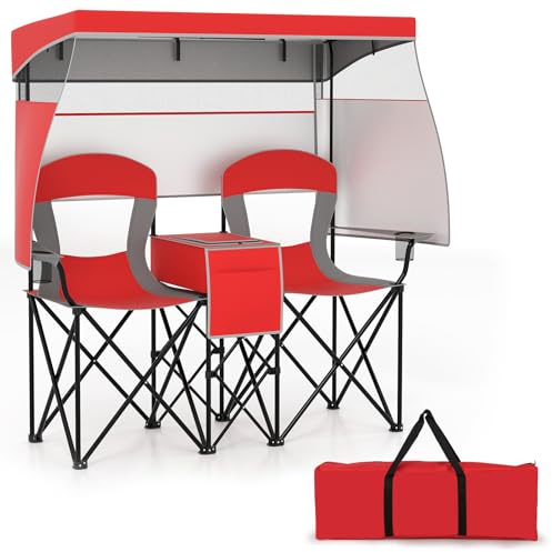 GIANTEX Campingstol med 2 partners med soltak, vikbar dubbel fiskestol med minibord och kylväska & mugghållare, fällstol för 2 personer (modell 2-röd)