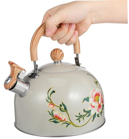 Toyvian Hervidor De Agua De Acero Inoxidable Silbato, Capacidad Media, Color Beige Diseño Floral, Compatible Estufa, Para Uso Doméstico y Cocina Diaria